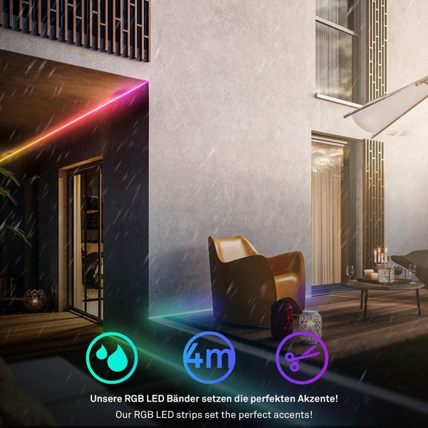 RGB LED Bänder für den Außenbereich an Decke und Boden, wasserfest, 4 Meter lang und kürzbar, moderne Terrasse bei Regen.