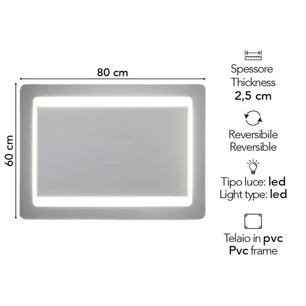 Rechteckiger Badspiegel mit LED-Beleuchtung, Maße 80 mal 60 Zentimeter, Tiefe 2,5 Zentimeter, horizontal und vertikal montierbar, PVC-Rahmen.