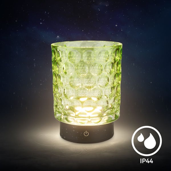 Beleuchtete LED-Tischleuchte für den Außenbereich mit strukturiertem Glas, Sockel mit Schalter und Schutzart IP44 gegen Spritzwasser.