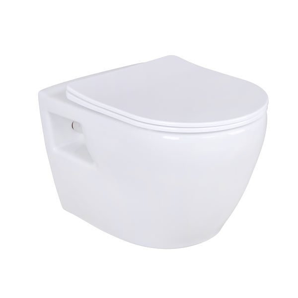 Wand-WC aus Keramik mit passendem WC-Sitz, abgerundete Form.