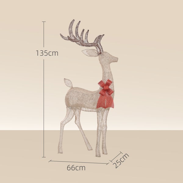 Weihnachtsdekoration Rentier mit Geweih und roter Schleife, Höhe 135 Zentimeter, Länge 66 Zentimeter, Breite 25 Zentimeter.