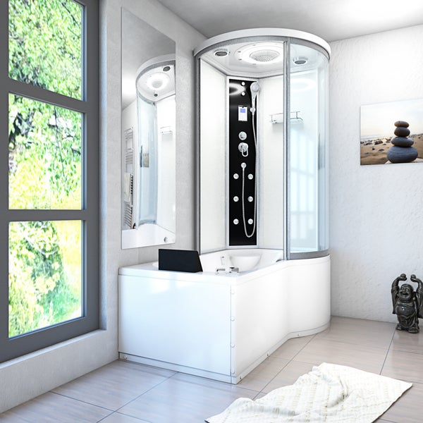 Dampfduschkabine mit integrierter Badewanne, Glaswänden, schwarzer Armaturensäule und Massagedüsen in einem hellen, modernen Badezimmer.