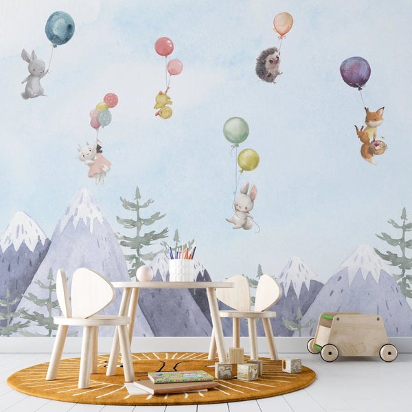 Kindertapete Berge und Tiere Aquarell 600 x 300 cm