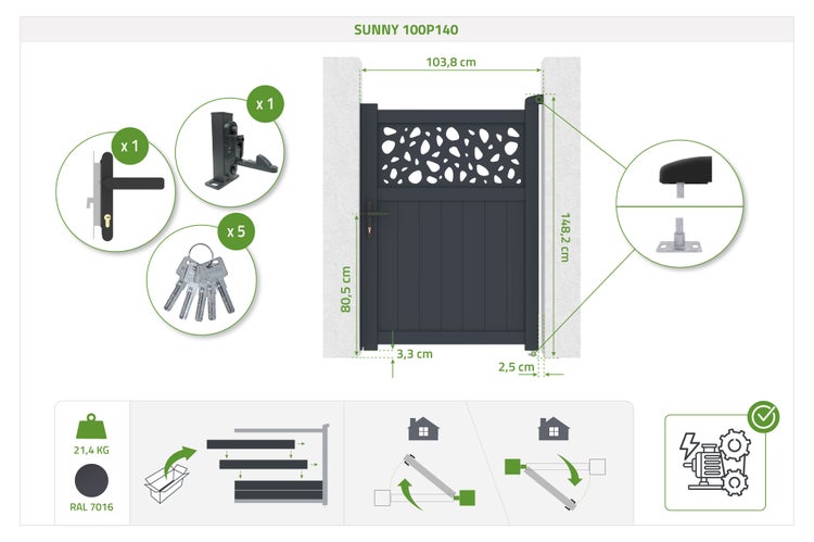 Gartenpforte Sunny 100P140 aus Aluminium in Anthrazit, Maße 103,8 mal 148,2 Zentimeter, inklusive Beschläge, 5 Schlüssel, für Motorantrieb geeignet.