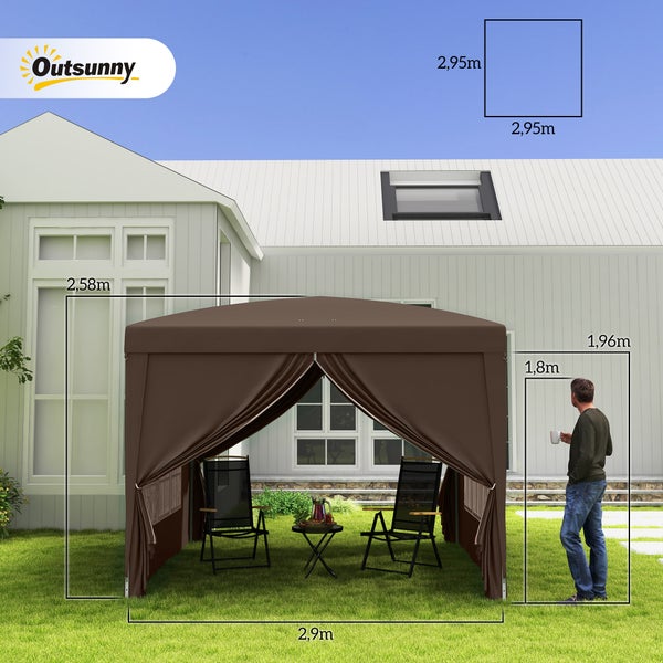 Outsunny Pavillon ca.3x3m, wasserabweisend Stabil Winterfest Pop-up Faltpavillon, UV Schutz 50+, Faltbar Partyzelt Gartenzelt mit 4 Seitenteilen Tasche Gartenpavillon für Camping Garten, Kaffee