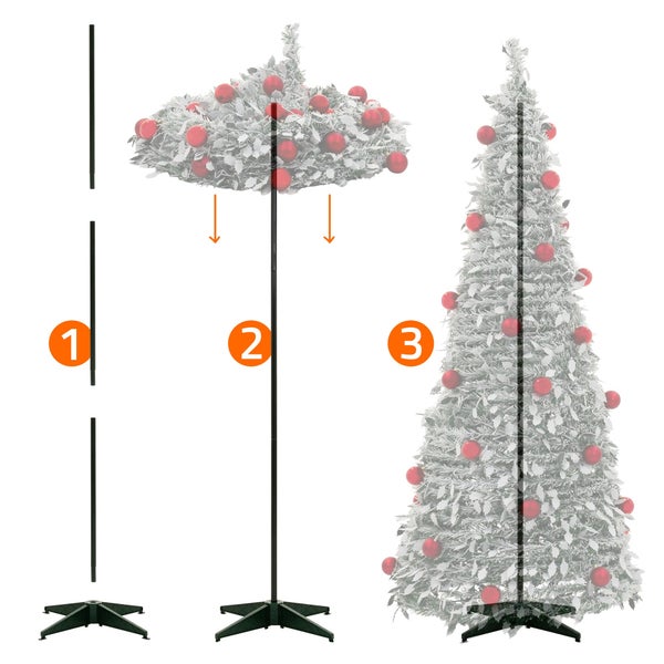 Montageanleitung für einen künstlichen Weihnachtsbaum in drei Schritten mit Standfuß und Baumsegmenten.
