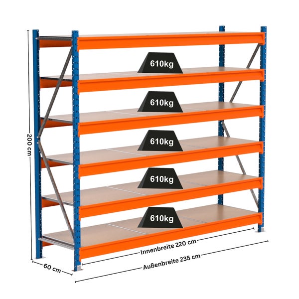 Lagerregal mit fünf Ebenen und einer Traglast von 610 Kilogramm pro Ebene