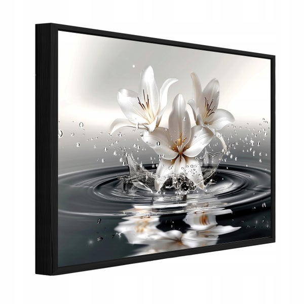 Wandbild mit Lilien Motiv und Wasserspritzern im schwarzen Rahmen