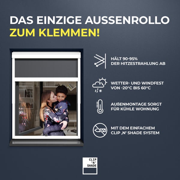 CLIP'N'SHADE Grau - Aussenrollo gegen Hitze, Jalousie, Sichtschutz und Abdunkelung für Fenster, Hitzeschutz Rollo ohne Bohren (Breite: 110 cm, Höhe: 60-90 cm, Blickdicht)