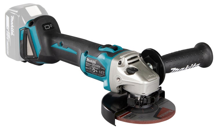 Makita Akku-Winkelschleifer DGA504 mit 18 Volt Lithium-Ionen-Akku, 125 Millimeter Scheibendurchmesser und Seitengriff.