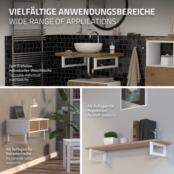 ML-Design 2er Set Wandkonsole für Waschtisch, 300x150 mm, Weiß, Stahl, Design Waschtischhalterung, Wandhalterung Unterbau für Waschtischplatte, Konsolenträger Regalträger Regalhalter Handtuchhalter