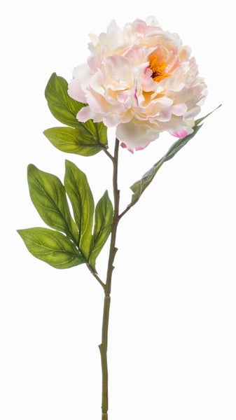 Künstliche Tulpe mit rosa-weißen gefransten Blütenblättern, grünem Stiel und zwei Blättern.