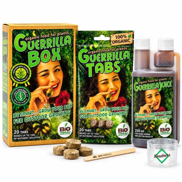 Guerrilla Box von Bio Tabs mit Düngerpellets und Flüssigdünger für den Outdoor Anbau inklusive Dosierbecher und Holzstab
