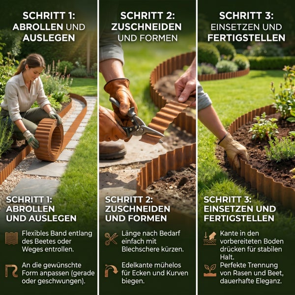 Anleitung zur Installation einer Beetbegrenzung in drei Schritten: ausrollen, zuschneiden und einsetzen für eine saubere Trennung von Rasen und Beet.