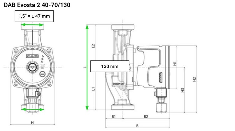 DAB Evosta 2 40-70/130 Umwälzpumpe (Heizungspumpe) - 3.600 L/Std. - 35W - Förderhöhe 6,9 m - Einbaugröße 130 mm - Mit Energielabel A.
