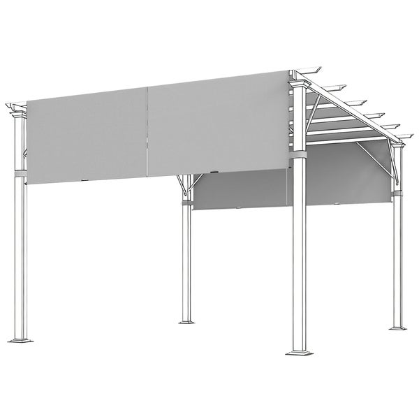 Technische Zeichnung einer Pergola mit montierten Seitenrollos oder Stoffpaneelen als Sicht- und Sonnenschutz.