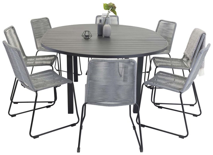 Gartentischgruppe mit rundem Tisch und sechs Stühlen