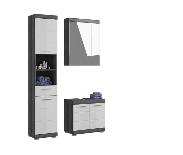 Dreiteiliges Badezimmermöbel-Set bestehend aus Hochschrank, Spiegelschrank und Unterschrank in Grau und Weiß.