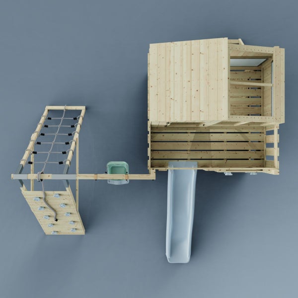 Spielturm mit Rutsche, Kletterwand und Netz