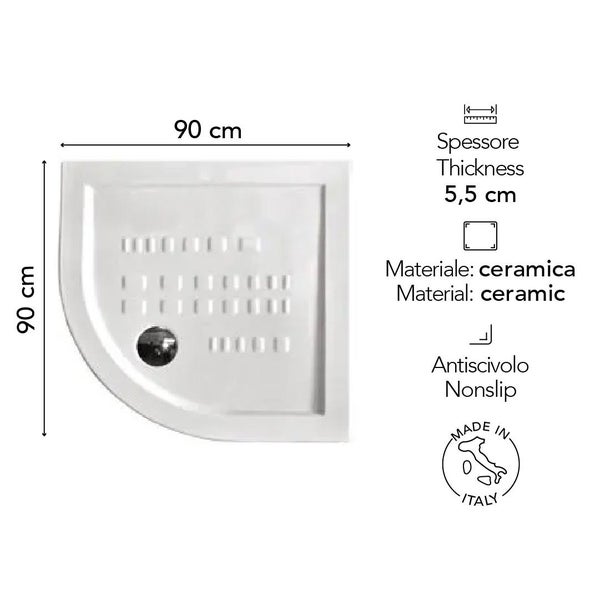 Viertelkreis-Duschwanne aus Keramik, 90 mal 90 Zentimeter, Höhe 5,5 Zentimeter, rutschfest, Hergestellt in Italien.