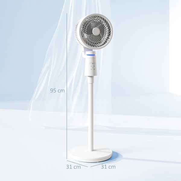 Weißer Standventilator mit einer Höhe von 95 Zentimetern und einer Standfläche von 31 mal 31 Zentimetern.
