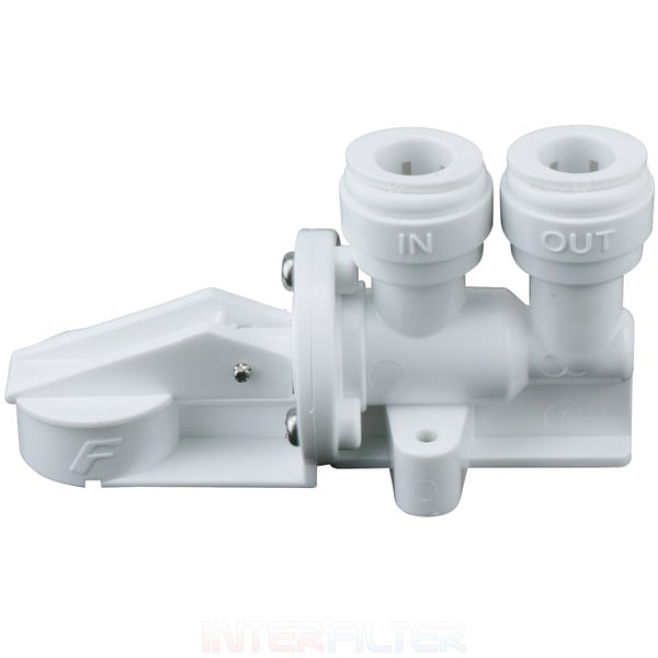 Mechanisches Absperrventil für Wasserfilter mit Schnellanschlüssen für Einlass und Auslass aus Kunststoff