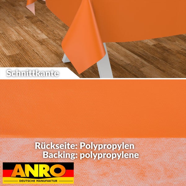 Wachstuch-Tischdecke mit Schnittkante, glatter Oberfläche und Rückseite aus Polypropylen. ANRO Logo.