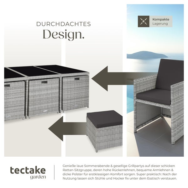 Rattan Sitzgruppe tectake New York 2 Bezugssets, zusammenschiebbar, inklusive Schutzhülle mit Aluminiumgestell hellgrau