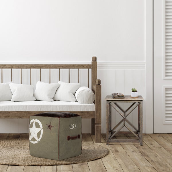 WOMO-DESIGN Sitzwürfel Omaha 45 cm, Oliv/Braun, Unikat, handgefertigt aus Echtleder/Segeltuch, Baumwolle Füllung, Quadratischer Sitzpouf Sitzpuff Pouf Puff Sitzhocker Sitzkissen Fußhocker Ottoman