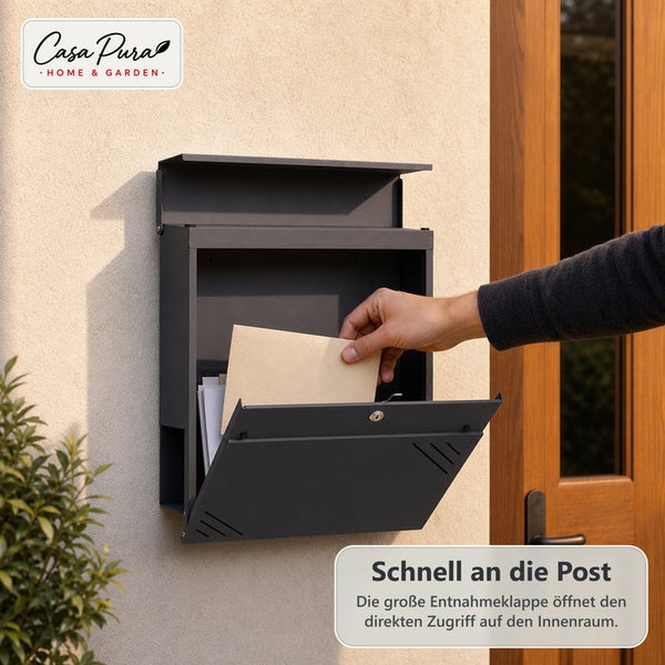 Wandbriefkasten von Casa Pura mit großer Entnahmeklappe für einfachen Zugriff an einer Hauswand montiert.