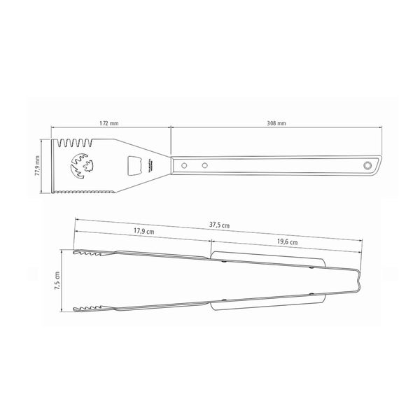 Technische Zeichnung einer Grillzange mit Maßangaben