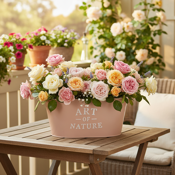 Blumengesteck mit Rosen und Lavendel in einer rosa Metallwanne mit Aufschrift Art of Nature auf einem hölzernen Gartentisch.