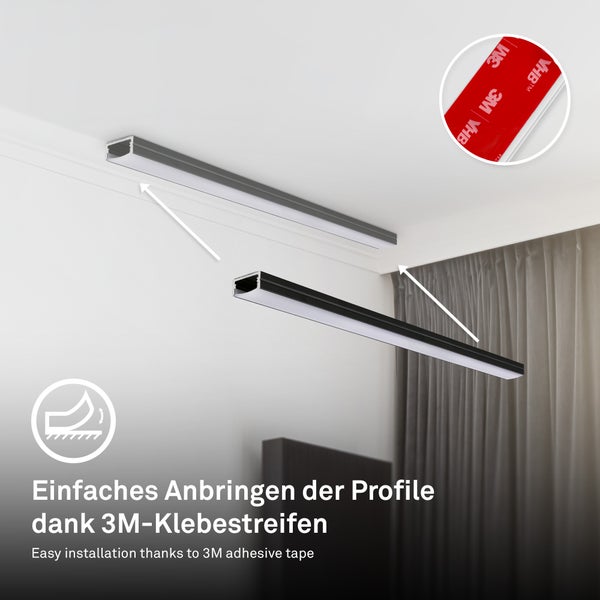 LED Aluminium-Profile für Wand und Decke, einfache Montage mit 3M Klebestreifen.