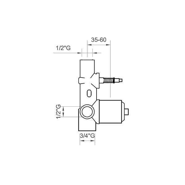 Technische Zeichnung einer Ventileinheit mit Maßangaben in Zoll und Millimeter