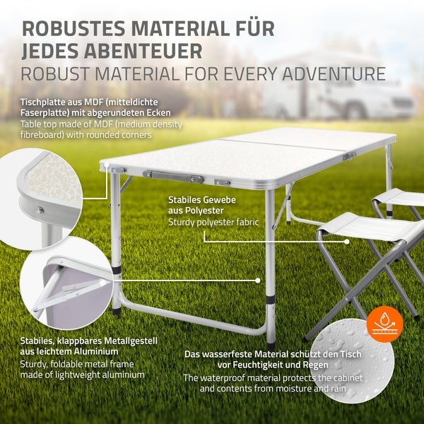 ECD Germany Campingtisch Set mit 4 Hocker, 120x60x55/63/70 cm höhenverstellbar, klappbar, Weiß/Creme, aus Aluminium und MDF, Campingmöbel Set Klappmöbel Klapptisch Falttisch Gartentisch mit 4 Stühle