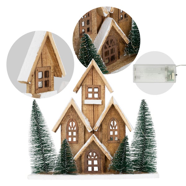 ECD Germany Holz-Weihnachtshaus mit LED-Beleuchtung, Warmweiß, 32x9x30 cm, batteriebetrieben, Timer, Deko Holzhaus 4 Tannen, Dekorative Winterhaus beschneit, Weihnachtsdeko Innen, Weihnachtsdekoration