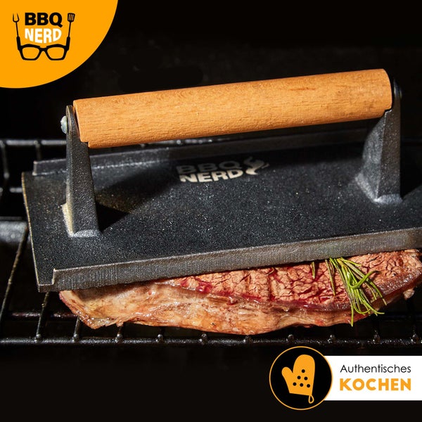 BBQ Nerd Fleischpresse aus Gusseisen mit Holzgriff - 21x11 cm rechteckig | Fleischbeschwerer Burgereisen Grillpresse | Grillgewicht für BBQ Fleisch, Steak, Bacon, Käse, Sandwiches etc.
