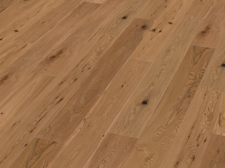 Parkettboden in Eiche Rustikal Optik mit sichtbaren Astlöchern und Holzmaserung.