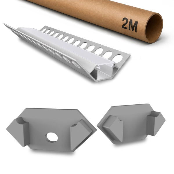 Eckprofil für LED Streifen aus Aluminium mit Abdeckung inklusive zwei Endkappen und zwei Meter Schutzrohr zur Montage an Fliesen.