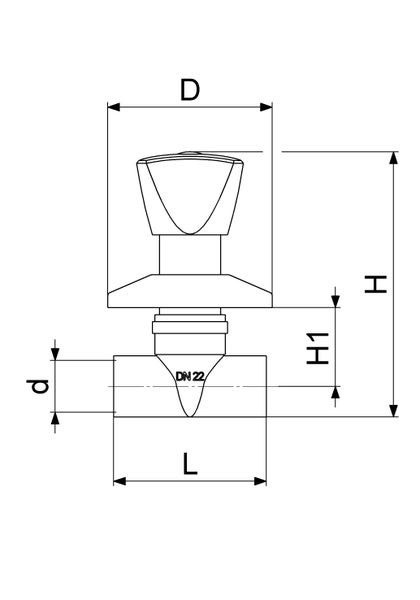 Maßzeichnung eines Unterputzventils mit technischen Angaben für Höhe, Durchmesser und Länge.