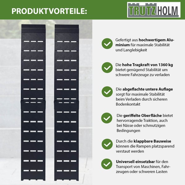 Zwei klappbare Aluminium Auffahrrampen für Maschinen und Fahrzeuge