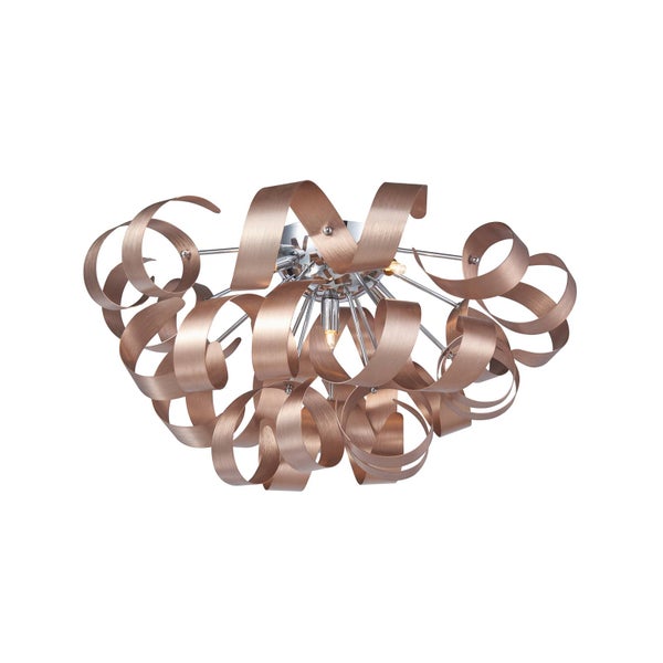 Moderne Deckenleuchte mit kupferfarbenen, geschwungenen Metallbändern und mehreren Leuchtmitteln.