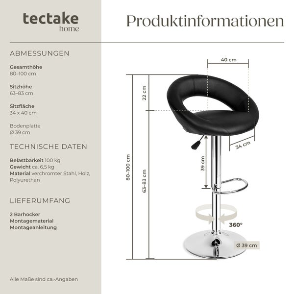 tectake home Logo. Barhocker mit Maßen. Gesamthöhe 80 bis 100 Zentimeter, Belastbarkeit 100 Kilogramm, 360 Grad drehbar.
