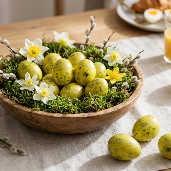 Osterschale aus Holz mit gesprenkelten Eiern, Moos, Narzissen und Weidenkätzchen als festliche Tischdekoration.