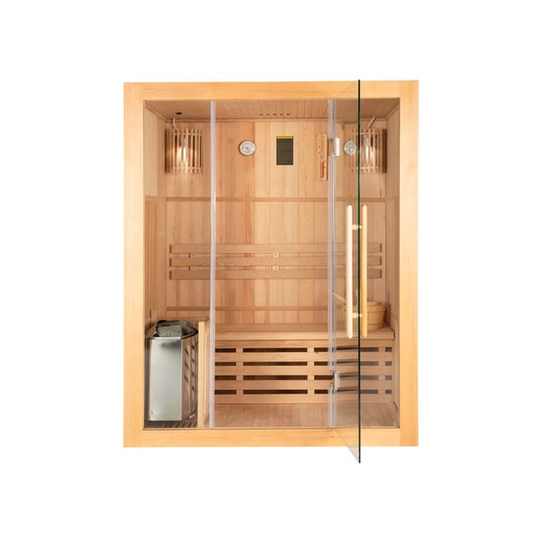 Moderne Elementsauna aus Holz mit Glastür, Saunaofen, Innenbeleuchtung und zwei Saunabänken für den Innenbereich.