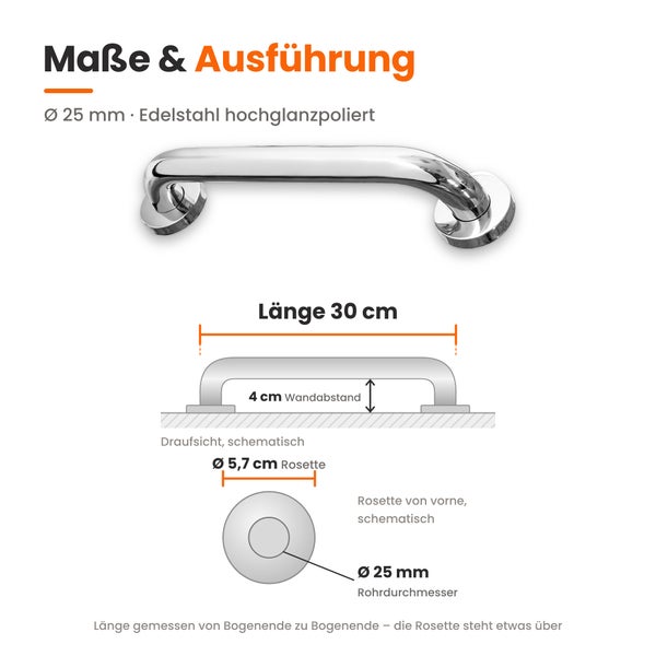 Maßzeichnung für Haltegriff aus Edelstahl mit 30 Zentimeter Länge, 25 Millimeter Rohrdurchmesser und 5,7 Zentimeter Rosettendurchmesser.