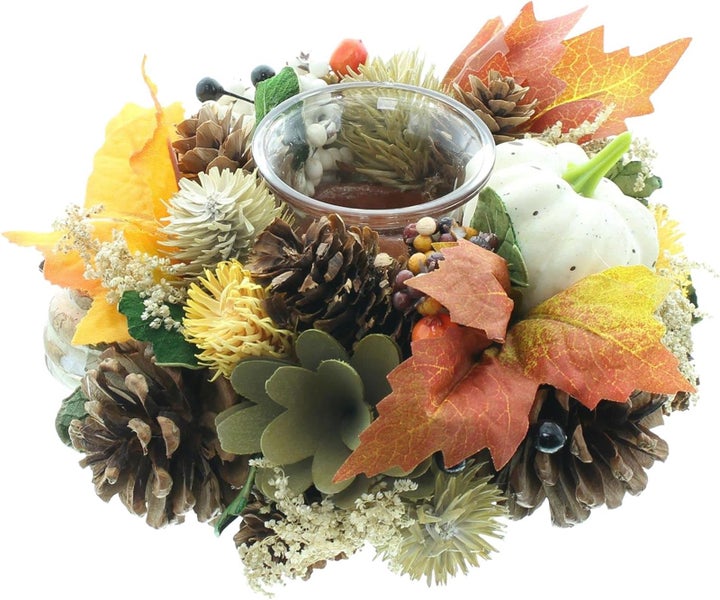Dekoleidenschaft Windlicht Herbst kleiner bunter Dekokranz Ø 19 cm mit Glaswindlicht, Tischkranz