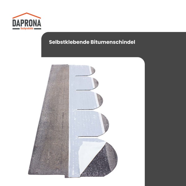 Daprona Logo und selbstklebende Bitumenschindel in Biberschwanzform mit teilweise abgezogener Schutzfolie auf der Rückseite.