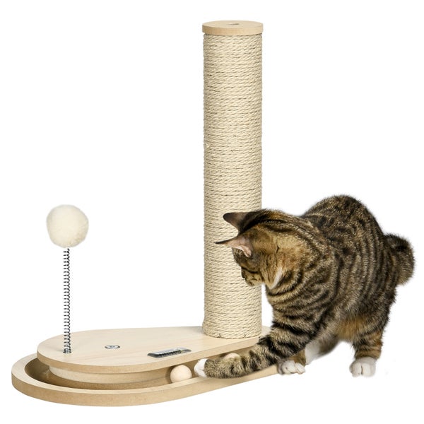PawHut Kratzstamm für Katzen, 40 cm, Kletterbaum mit Holzkugel-Katzenspielzeug, Drehscheibe Katze Kratzbaum, Katzensäule, Spielbaum, Natur
