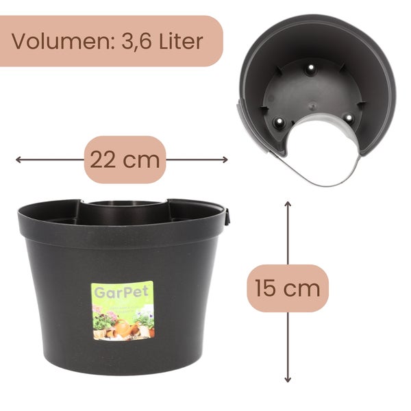 Grauer hängender Blumentopf mit GarPet Logo, pinkfarbene und weiße Petunien, UV-beständig und frostbeständig.